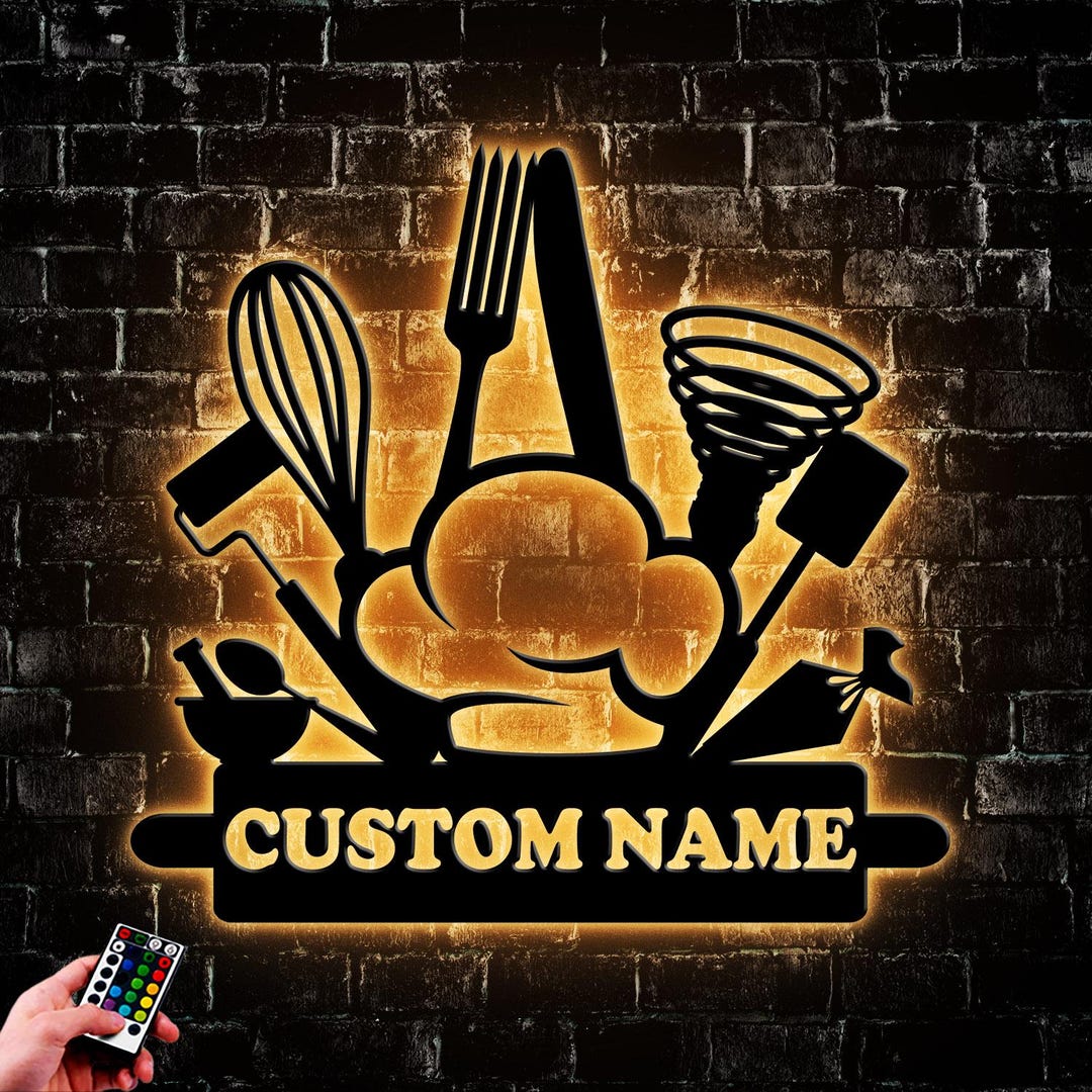 Custom Baking Metal Wall Art LED Light, Personalized Baker Name Sign ...