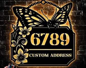 Custom Butterfly Metal House Number LED Light, Personalized Address Sign For Outside Plaque, House Housewarming Gift Front Porch Decor Art