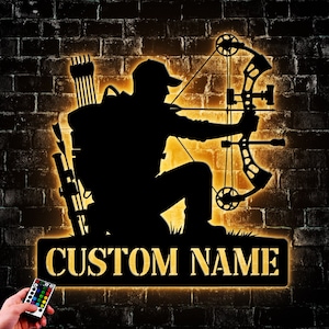 Custom Compound Bow Hunter Metal Wall Art Led Light, Personalized Bow Hunting Name Sign Home Decor, Bow Arrow Gifts For Man Artwork