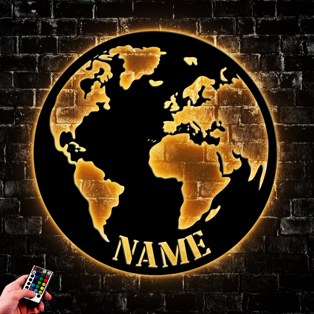 Custom World Globe Metal Wall Art Led Light, Personalized Earth Lover ...
