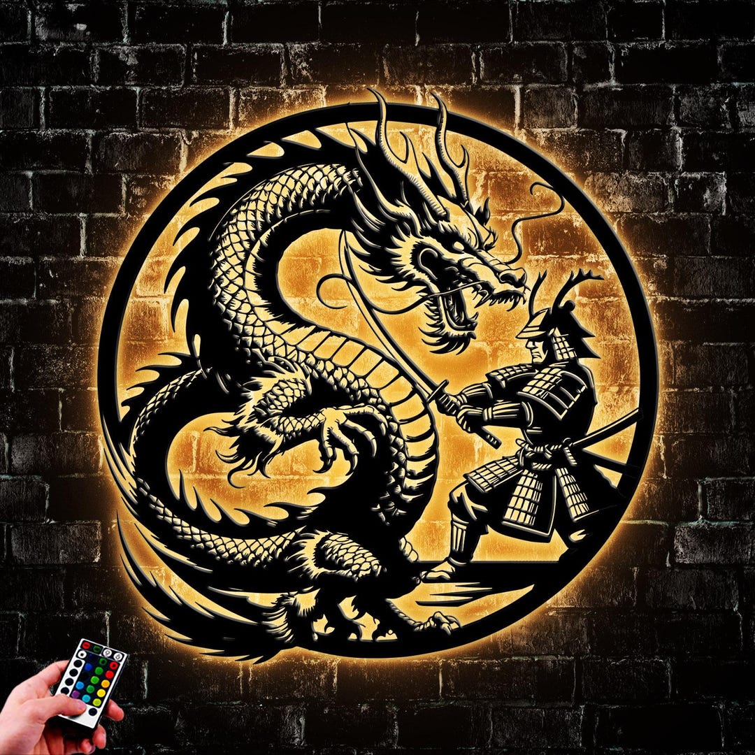 Led Design Samurai Samurai and Dragon Metal Wall Art Led Light, Hand Drawn Samurai ...