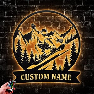 Personalized Snowboard Metal Wall Art With Led Lights, Snowboarding Name Sign Decoration, Snowboarder In Action Decor