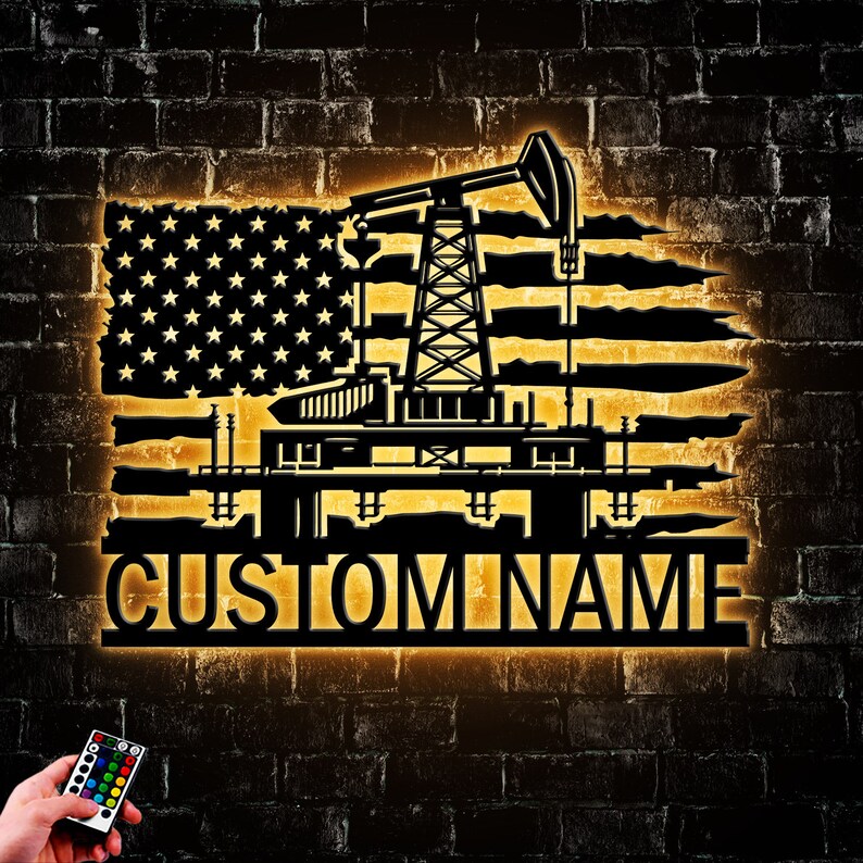 Custom Us Flag Oil Rig Metal Wall Art Led Light, Personalized Oil Field ...