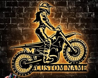 Personalized Motocross Girl Metal Wall Art with LED Lights: Motorbike Name Sign