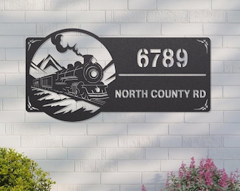 Custom Train Railroad Address Sign, Personalized Steam Engine Train Locomotive Name Yard Stake, House Number Plaque
