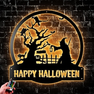 Personalized Happy Halloween Witch Metal Wall Art Led Light Witch Name Sign Decoration Happy Halloween Outdoor Gifts