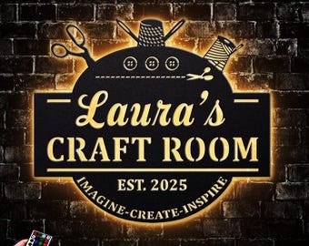 Personalized Craft Room Wall Art LED Light Sewing Room Sign, Craft Sign Decor, Wall Art for Craft Room, Metal Office Sign