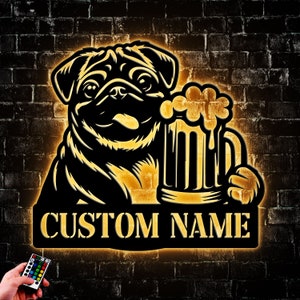 Custom Funny Pyrenean Mountain Beer Pub Metal Wall Art Led Light, Personalized Beer Bar Name Sign Home Decor, Pug Dog Beer Lover Gift Art
