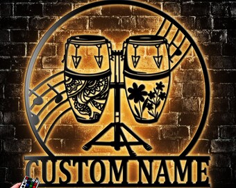 Personalized Conga Drum Metal Wall Art Led Light, Conga Drum Music Name Sign Decoration Hanging For Home African Traditional Drum Decor Gift