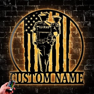 Personalized US Police Dad And son Metal Wall Art Led Light, Dad Name Sign Home Decor, Police Decoration Gift