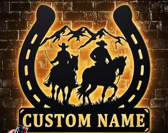 Custom Trail Riding Metal Wall Art LED Light Personalized Cowboy Name Decoration Hanging for Home, Horseback Rider Decor Father's Day Gift