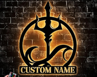 Custom Poseidon Trident Metal Wall Art LED Light, Personalized Greek Mythology Name Sign Home Decor, Poseidon Neptune Astrological Symbol