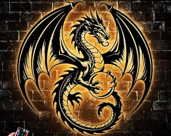 Dragon Metal Wall Art Led Light, Flying Dragon Wall Hanging, Dragon Metal Sign, Fantasy Metal Asian Art, Year of the Dragon Metal Wall Decor