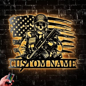 Personalized US Veteran Skull Metal Wall Art With Led Lights, US Military Name Metal Wall Decor, Veteran Dad Decoration Hanging for Home