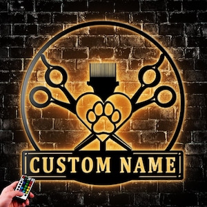 Personalized Dog Grooming Hair Salon Metal Wall Art LED Light Groomer Name Sign Home Decor Pet Barber Shop Decoration Christmas Gift