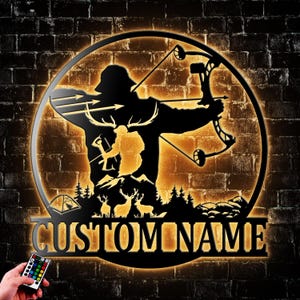 Personalized Deer Bow Hunting Metal Wall Art With LED Light Hunter Name Sign Decoration Bow And Arrow Hunting Xmas Gift