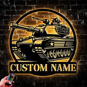 Custom Us Military Tank Metal Wall Art Led Light, Personalized American Soldier Name Sign Home Decor, Gift For Man Circle