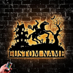 Personalized Headless Horseman Metal Wall Art Led Light Headless Horseman Name Sign Decoration Happy Halloween Outdoor Gifts Fall Decor