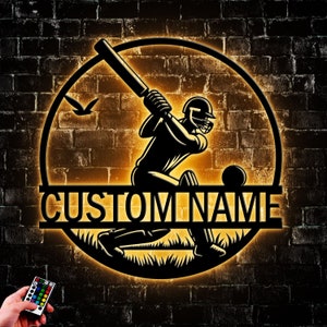 Custom Cricket Metal Wall Art Led Light, Personalized Cricket Player Name Sign Home Decor, Gift For Kid, Game Room Decor, Wall Hanger Frame