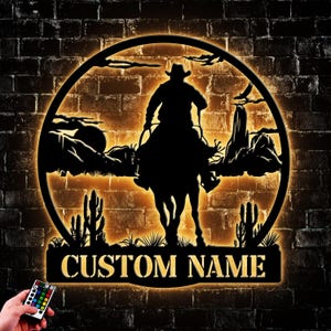 Custom Cowboy Western With Horse Metal Wall Art LED Light, Personalized Cowboy Lover Name Sign Home Decor, Gifts For Boyfriend Artwork