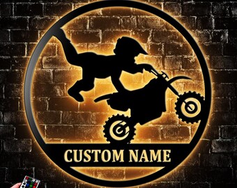 Personalized Kid Motocross Metal Wall Art LED Lights Kid Dirt Bike Name Sign Home Motorcycle Decor Rider Decoration