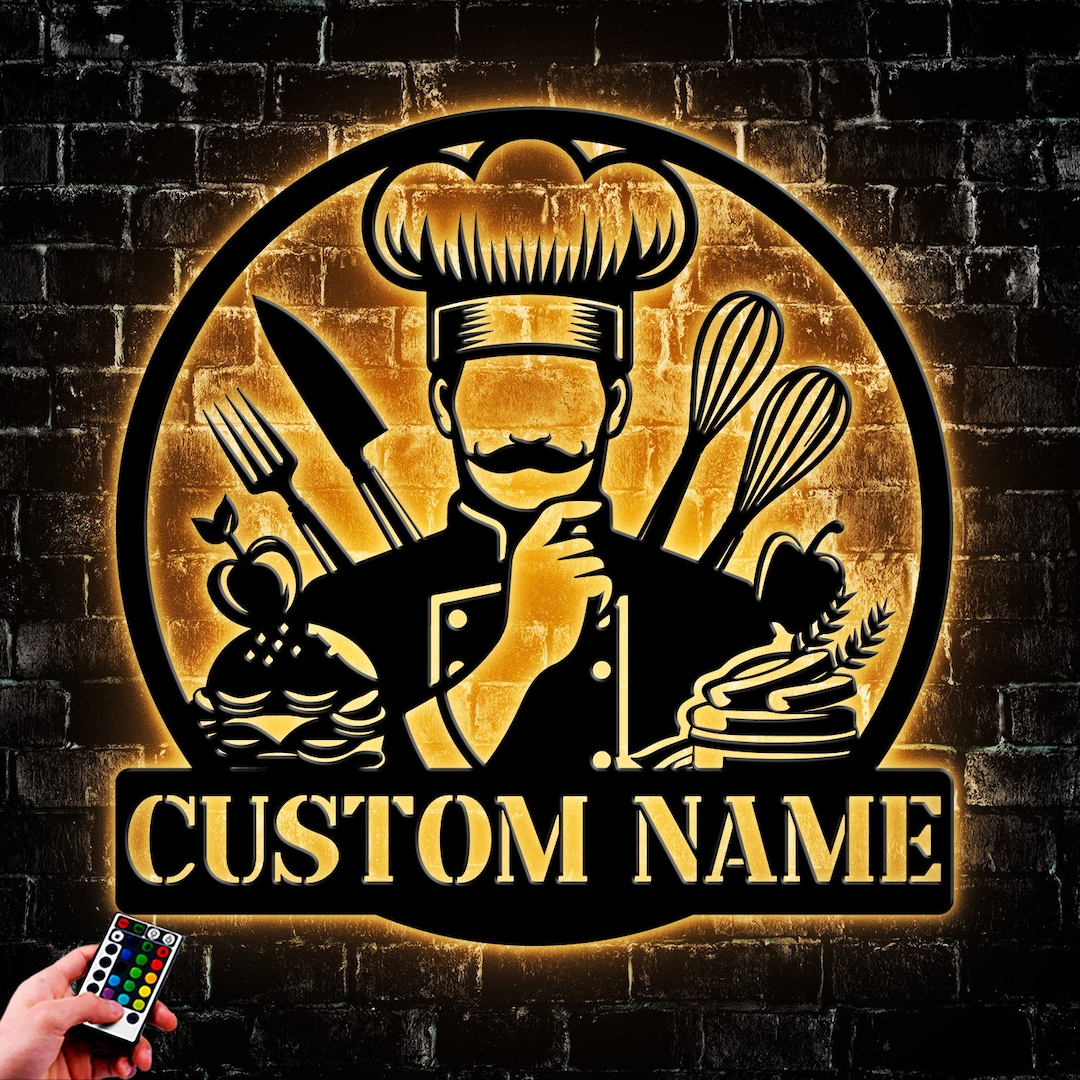 Custom Cook Metal Wall Art Led Light, Personalized Chef Name Sign Home ...