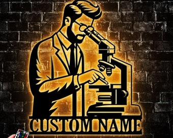Custom Scientist Microscope Metal Wall Art Led Light, Personalized Biologist Name Sign Home Decor, Gift For Lab Tech Artwork