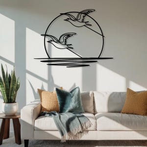 Sunrise Minimalist Line Art Metal Wall Decor Seagulls Fly On The Sun Wall Decor Abstract Sunset Home Decor Housewarming Gift Modern Hanging