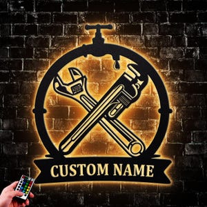 Personalized Plumbing Metal Wall Art With LED Light Plumber Name Sign Decoration Repair Service Deco Repairman Gifts