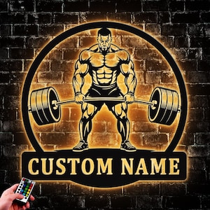 Personalized Powerlifting Metal Wall Art with LED Lights: Gym Name Sign
