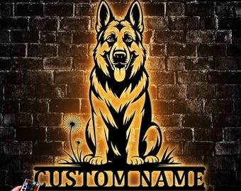 Custom German Shepherd Dog Sit Wall Art With LED Lights, Personalized Happy Paw Puppy Pup Pet Name Sign Decoration For Home, Dog Home Decor