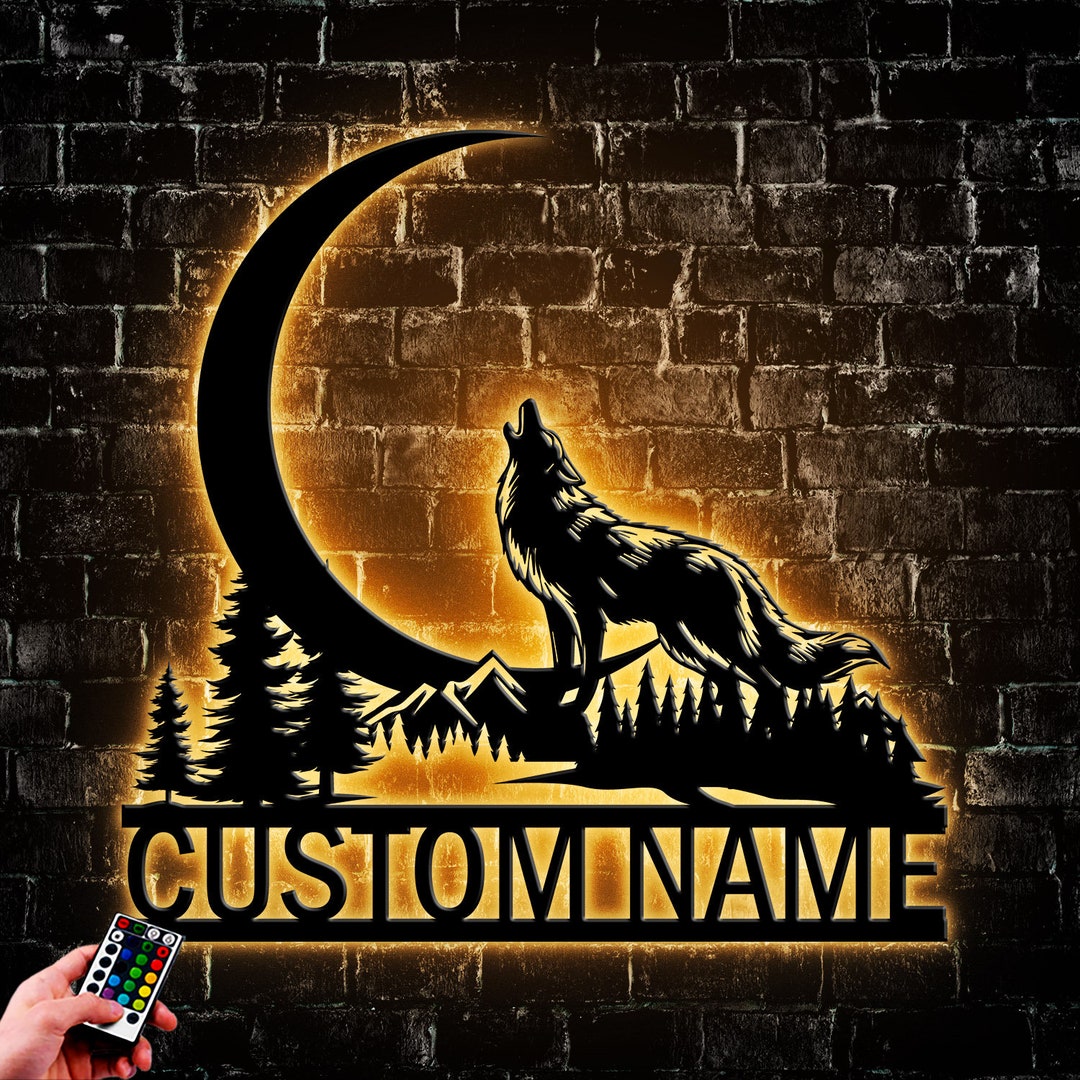 Custom Wolf and Half Moon Metal Wall Art Led Light, Howling Wolf Sign ...