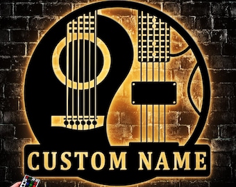 Custom Yin Yang Guitar Metal Wall Decor: LED Music Room Sign