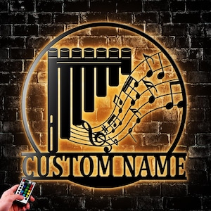 Personalized Pan Pipes Metal Wall Art Led Light Siku Black Glyph Player Name Sign Decoration Music Instrument Decor Housewarming Gift