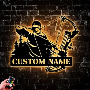 Custom Compound Bow Hunter Metal Wall Art LED Light, Personalized Bow Hunting Name Sign Home Decor, Bow Arrow Gifts For Man Artwork