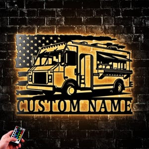 Personalized Fast Food Truck US Flag Metal Wall Art LED Light Mobile Food Store Name Sign Home Decor Food Truck Driver Decoration