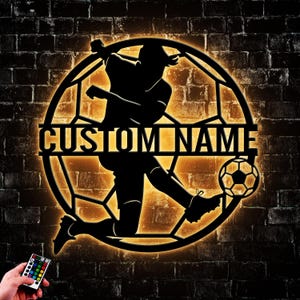 Custom Soccer Metal Wall Art LED Light, Personalized Soccer Player Name Sign Home Decor, Gifts For Kid, Game Room Decor, Wall Hanger Circle