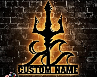 Custom Poseidon Trident Metal Wall Art LED Light, Personalized Greek Mythology Name Sign Home Decor, Poseidon Neptune Astrological Symbols
