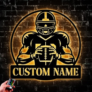 Custom Gridiron Football Metal Wall Art Led Light, Personalized American Football Player Name Sign Home Decor, Decoration Hanging Frame