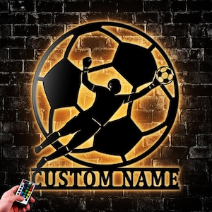 Personalized Man Goalkeeper V1 Metal Wall Art LED Light Soccer Player Name Sign Home Decor Goalie Kid Boy Girl Nursery Decoration