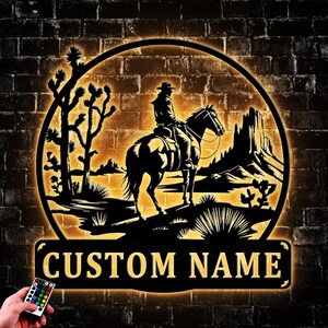 Personalized Cowboy Metal Wall Art with LED Lights: Rustic Western Decor