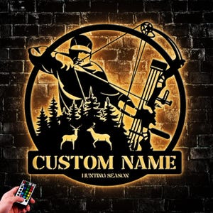 Custom Compound Bow Hunter Metal Wall Art LED Light, Personalized Bow Hunting Name Sign Home Decor, Bow Arrow Gifts For Man Circle