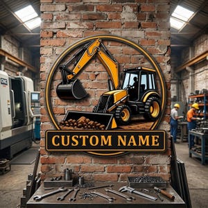 May include: A circular wall sign featuring a yellow and black excavator illustration with a pile of dirt in the bucket. Below the circular frame is a rectangular plaque with the text CUSTOM NAME in yellow letters on a black background.