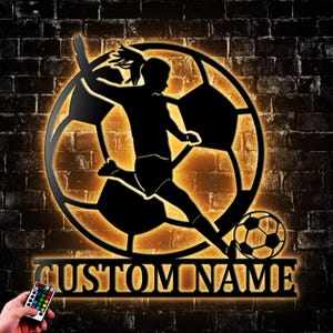 Personalized Woman Soccer Metal Wall Art LED Light, Football Player Name Sign Home Décor,  Kid Boy Girl Nursery Decoration