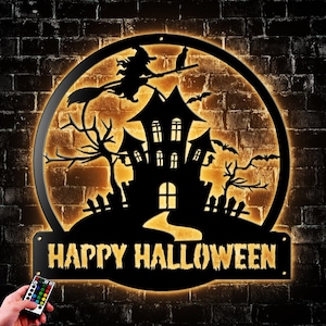Personalized Happy Halloween Witch And Black Cat Metal Wall Art Led Light Witch Name Sign Decoration Happy Halloween Outdoor Gifts