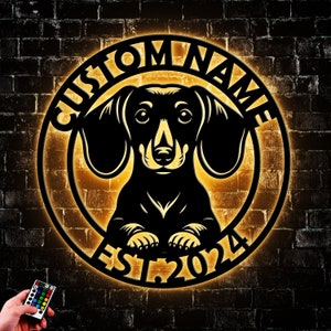Custom Weiner Dog Metal Wall Art Led Light, Personalized Dachshund Family Name Sign Home Decor, Doxie Gift, Gift For Pet Lover, For Pet Shop