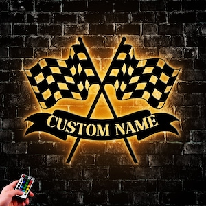 Custom Start Finish Racing Flag Metal Wall Art Led Light, Personalized Race Checkered Name Sign Home Decor, Gift For Racer Artwork