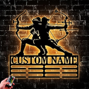 Custom Archery Medal Holder LED Light, Personalized Archer Name Medal Hanger Display, Rack For Tiered Award Ribbon, Gift For Athlete Artwork