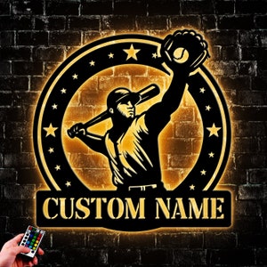 Custom Baseball Metal Wall Art Led Light, Personalized Baseball Player Name Sign Home Decor, Gift For Kid, Game Room Decor, Wall Hanger Art