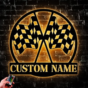 Custom Start Finish Racing Flag Metal Wall Art Led Light, Personalized Race Checkered Name Sign Home Decor, Gift For Racer Circle